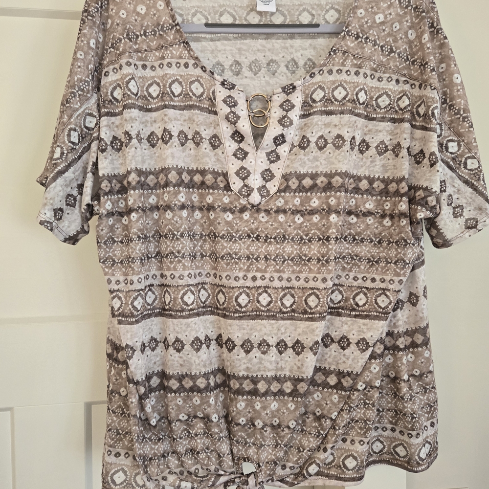 Ruby Rd. Taupe Short Sleeve Shirt with Front Tie 1X